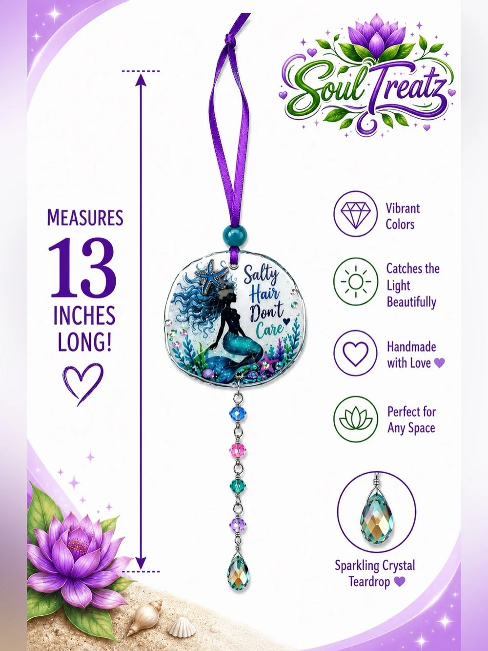 Blue & Green Decoupage Mermaid Crystal Sand Dollar Suncatcher